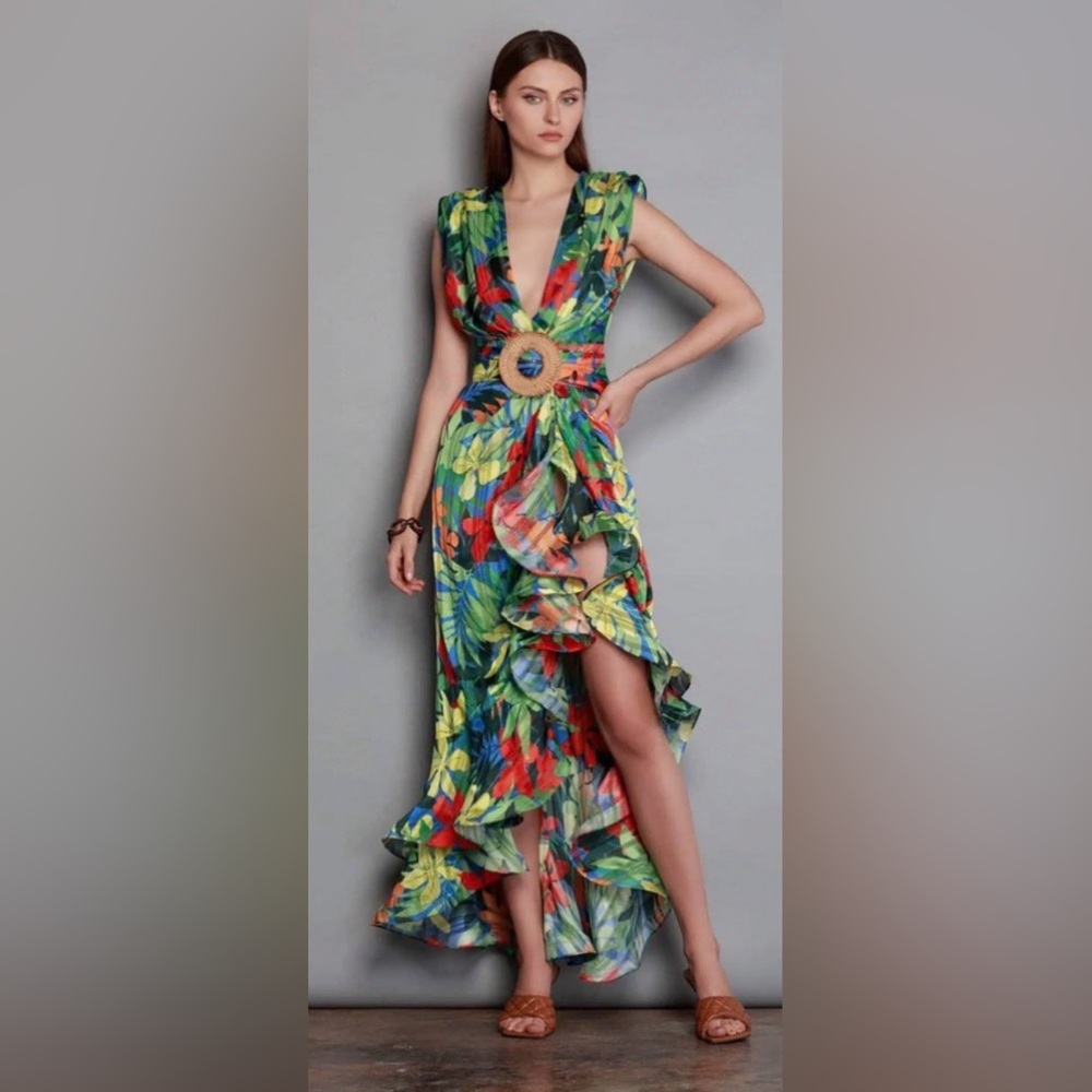 Bronx and Banco Tropics Red Silk Blend Multicolor Floral Ruffle Maxi Dress XS